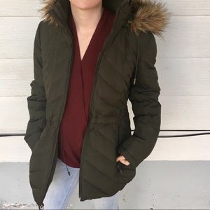 Chevron faux fur hooded down parka coat